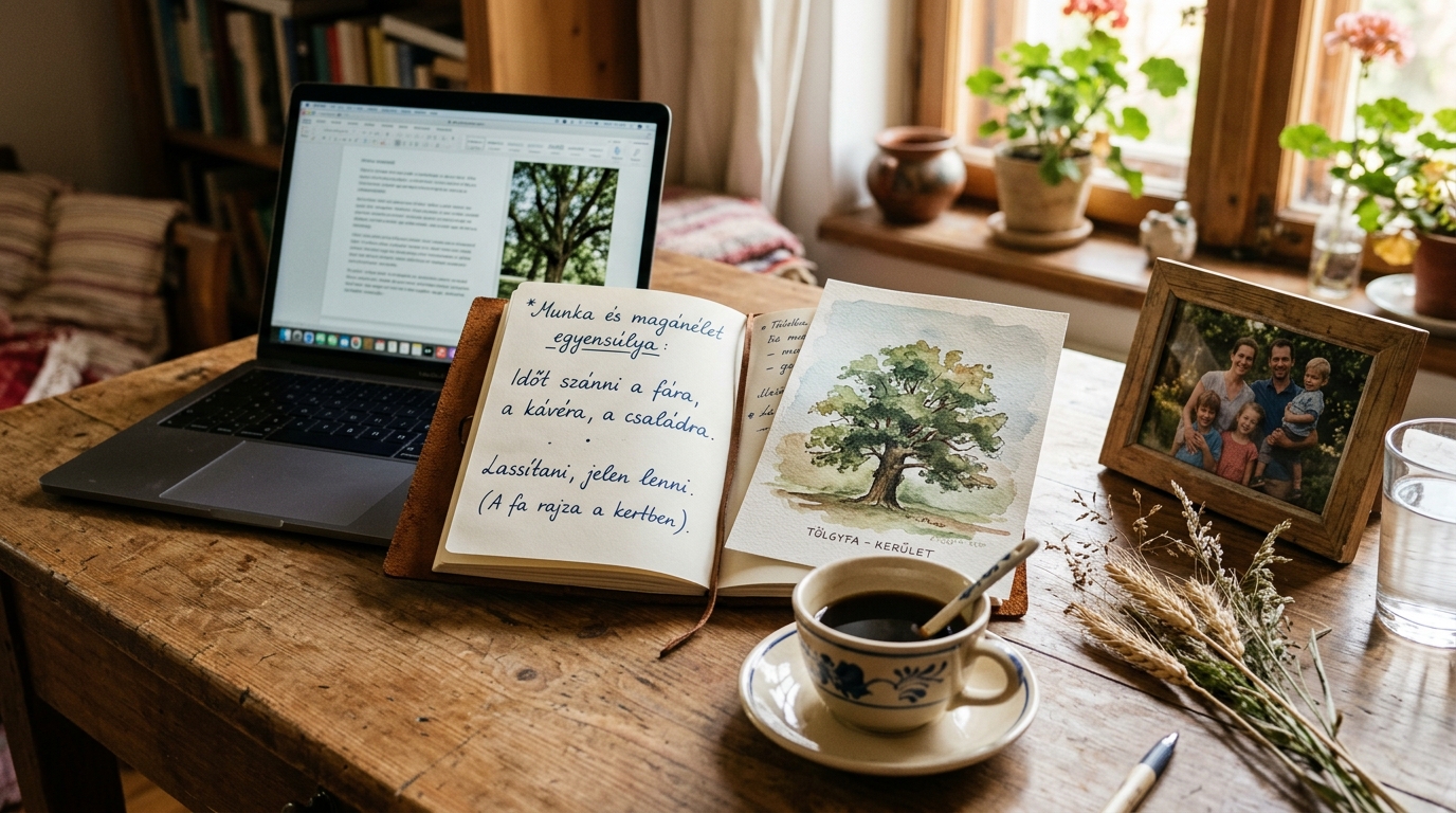 Magyar munka-magánélet egyensúly reflexió: laptop tölgyfa-rajzzal, családi fotó, kávé