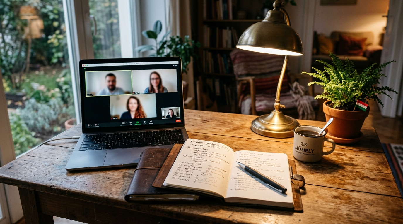 Otthoni íróasztal: videohívás laptop, magyar konfliktuskezelési jegyzetek, MŰHELY bögre