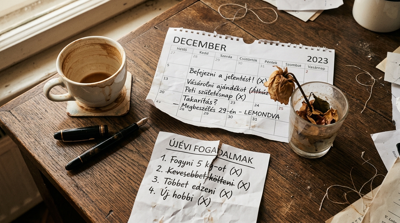 Áthúzott újévi fogadalmak magyar listája, kihűlt kávé, decemberi naptár